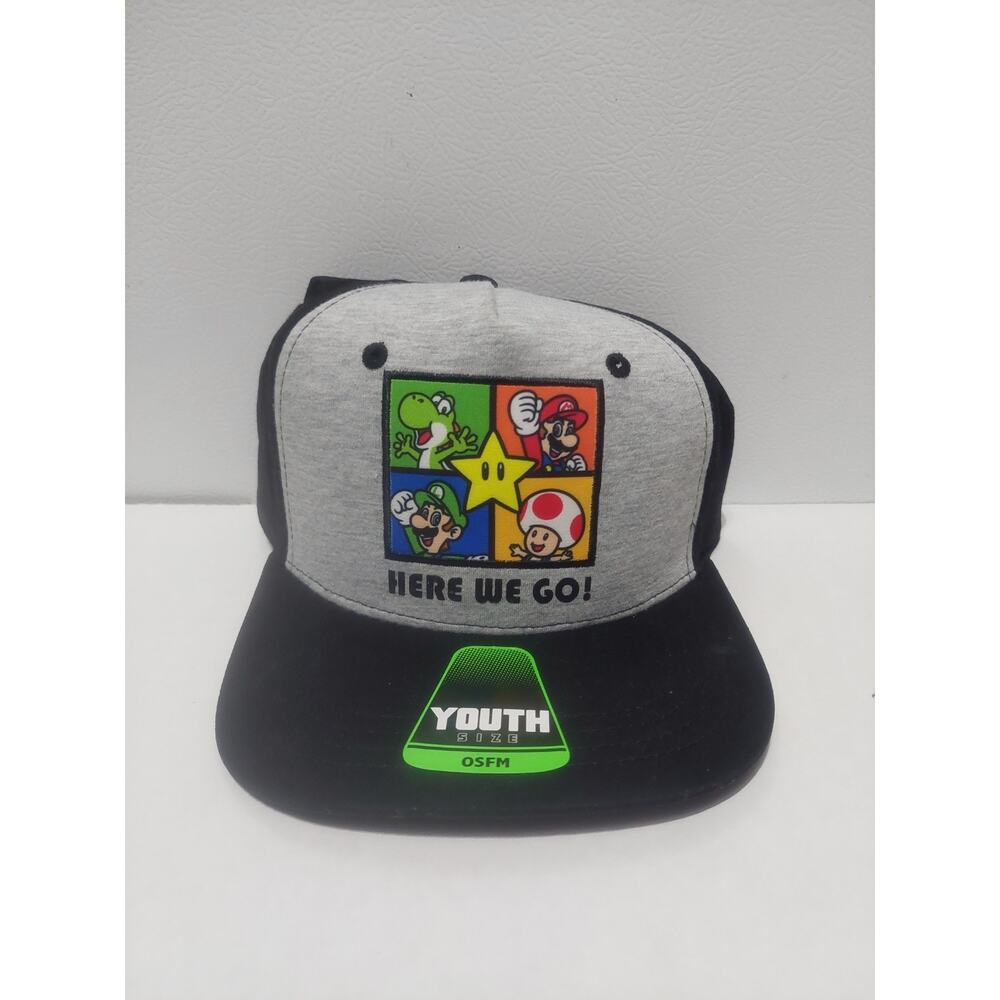 Super Mario Hat Cap Snap Back Youth Size Gray Black Here We Go Gaming Nintendo